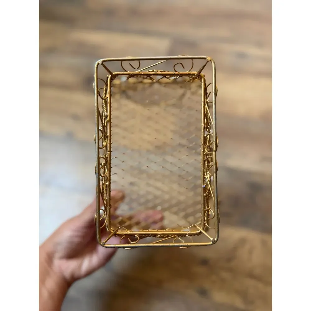 Vintage Gold Filigree Wire Basket Faux Pearl Vanity Jewelry Catchall Cottagecore